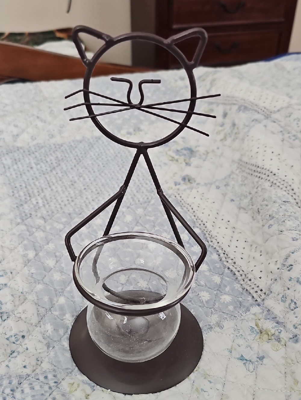 Cat Shaped Metal Tealight Holder with Glass Dish - Brown